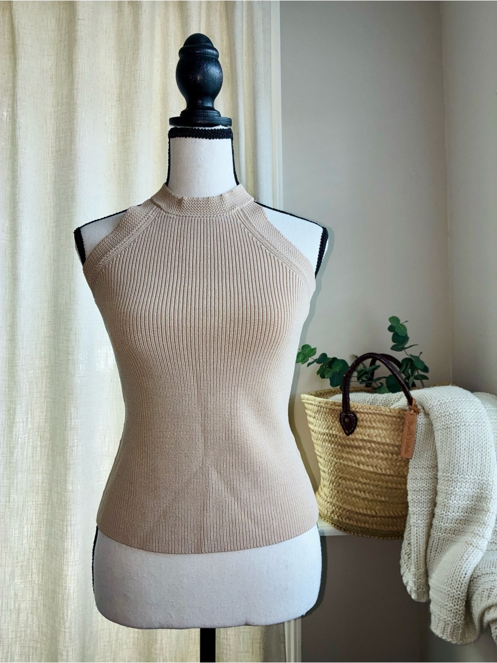 ANTONIO MELANI Beige Ribbed Knit High-Neck Tank